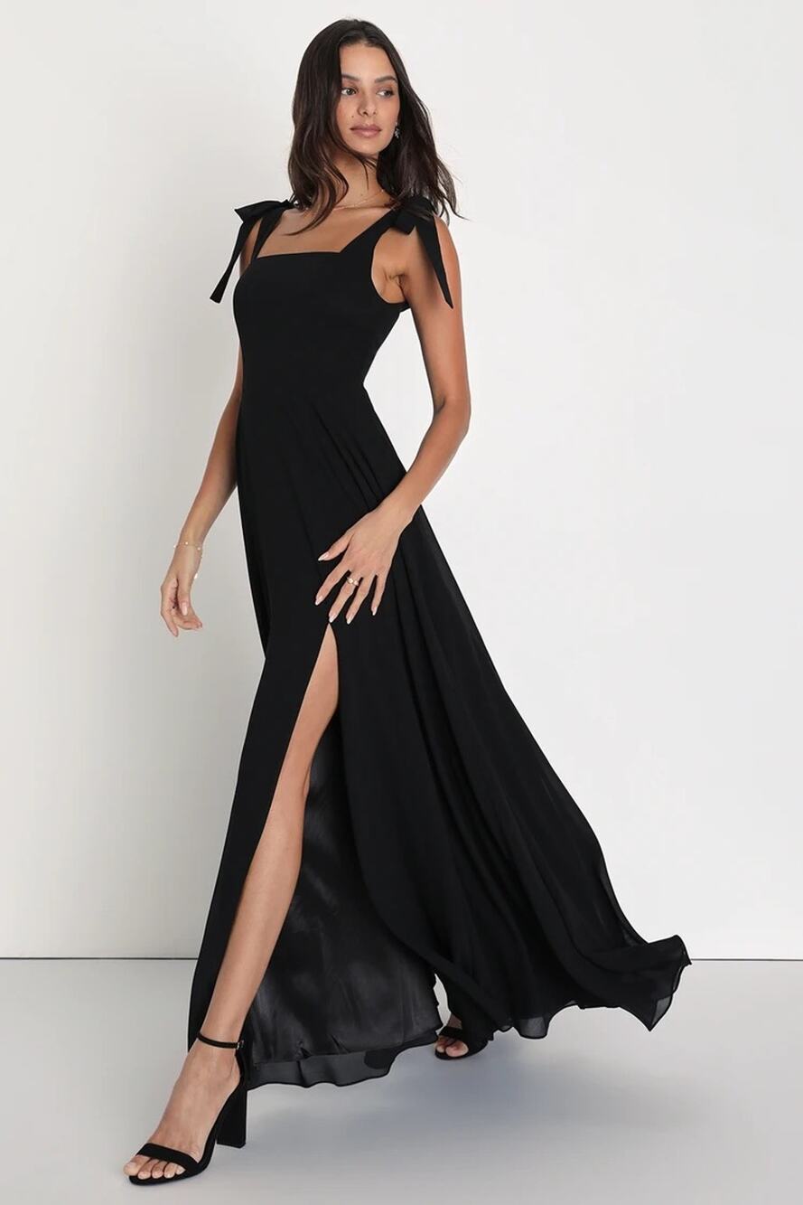 NWT Lulus Love Me Forever Black Tie-Strap Square Neck Maxi Dress Slit Size S
